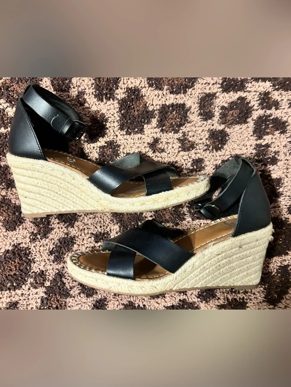 White Mountain Black Faux Leather Crisscross Espadrille Wedges